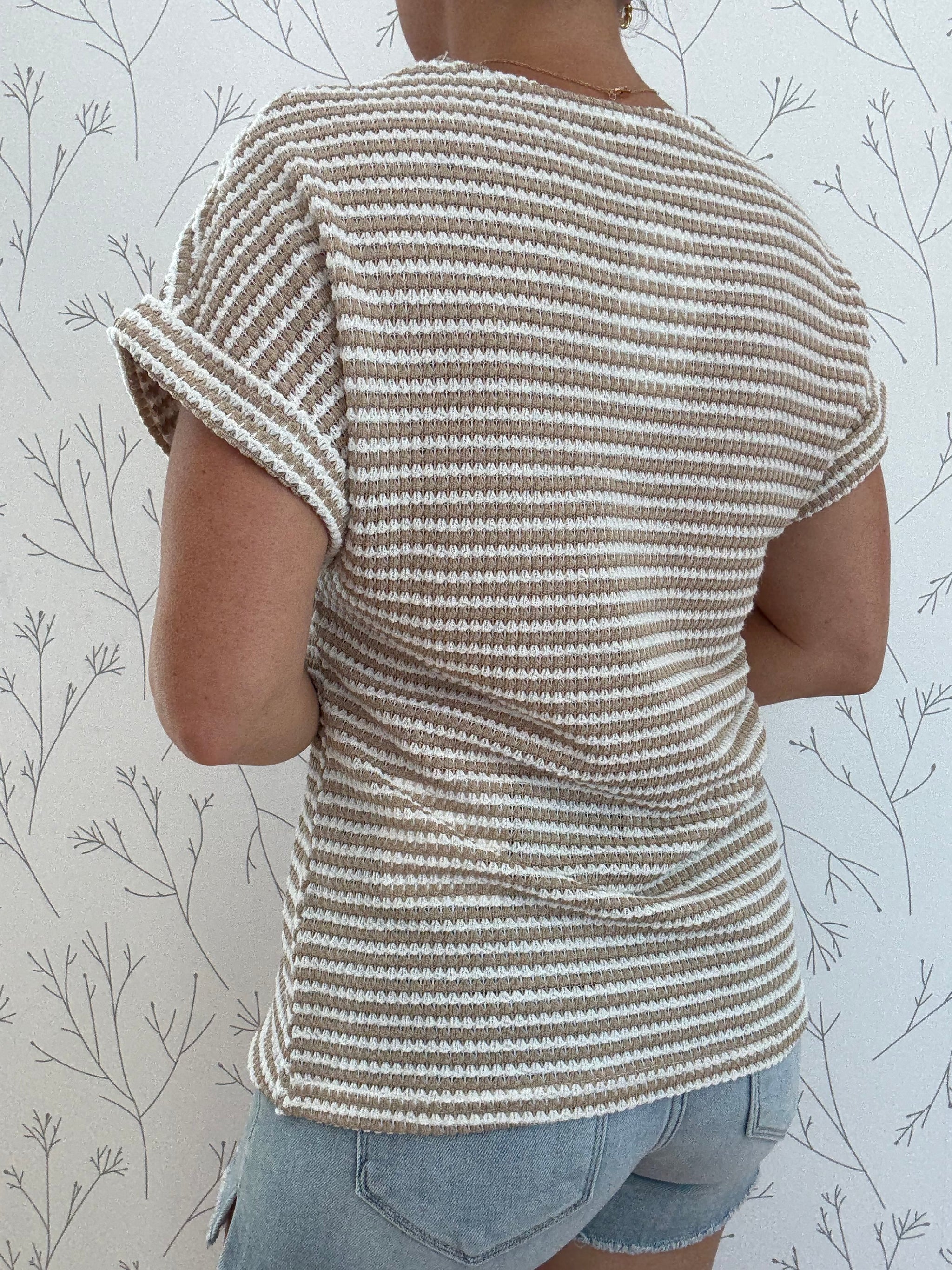 V-Neck Striped Short Sleeve Top