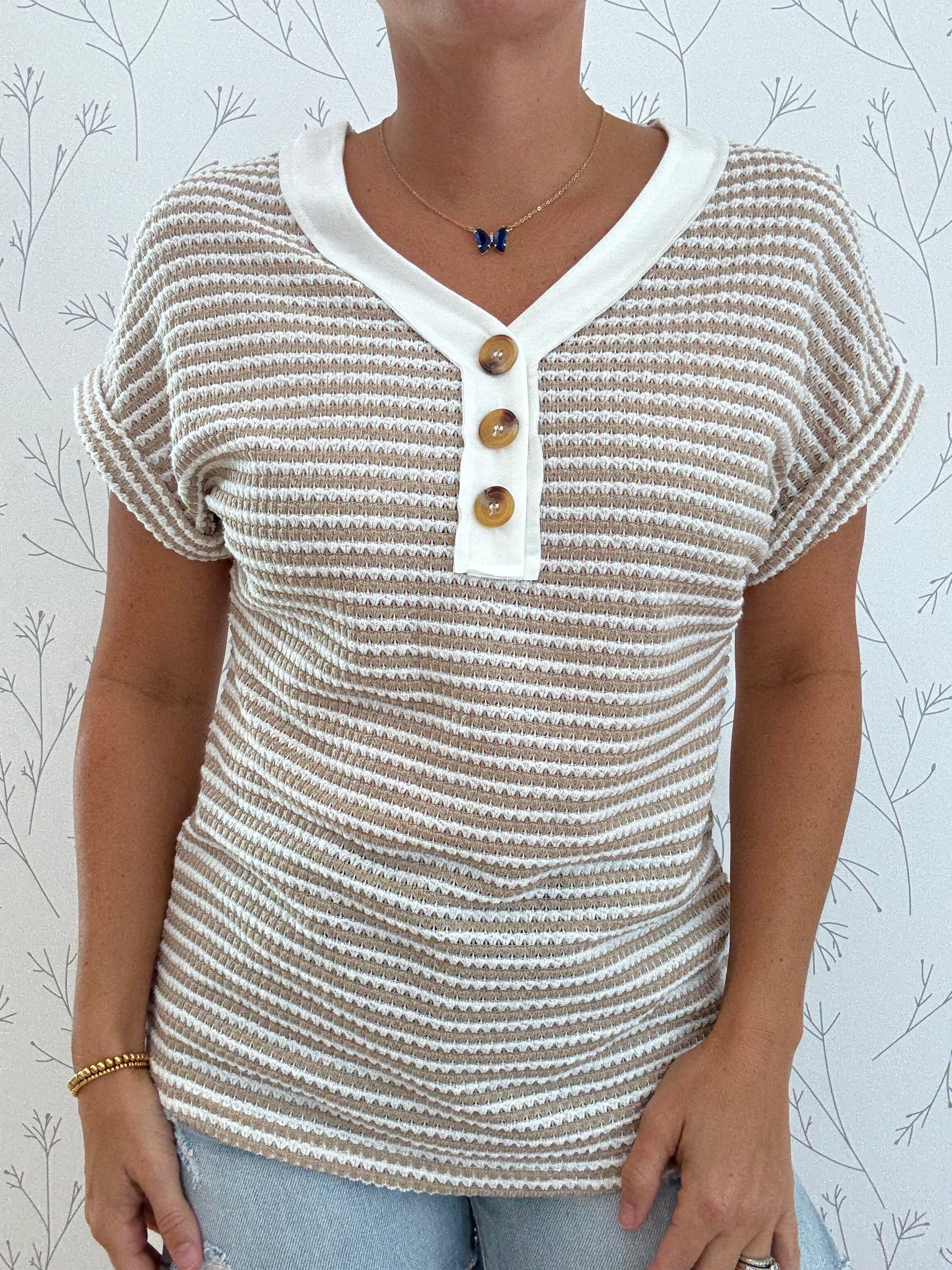 V-Neck Striped Short Sleeve Top
