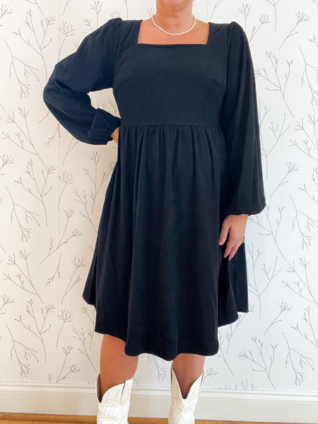 Square Neck Balloon Sleeve Corduroy Dress