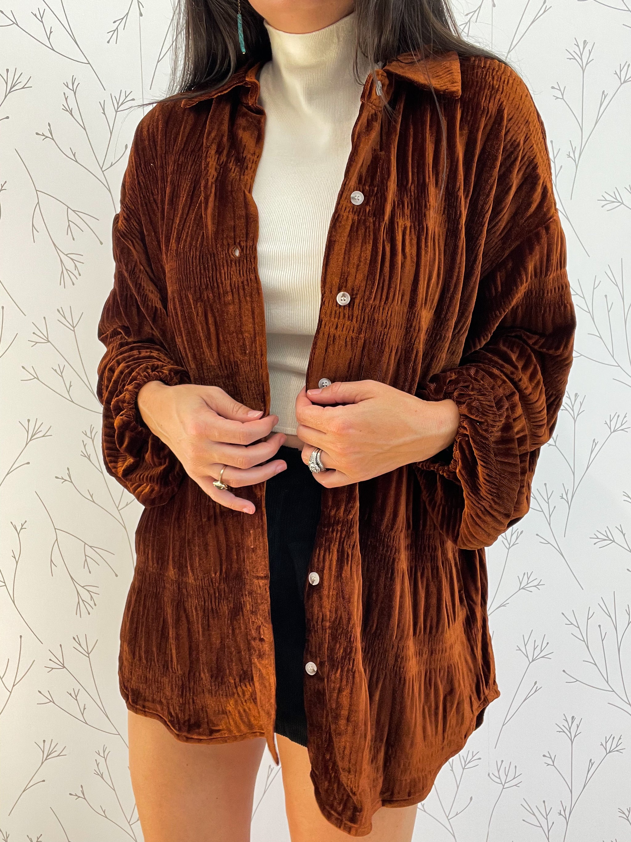Tiered Velvet Button Down Top