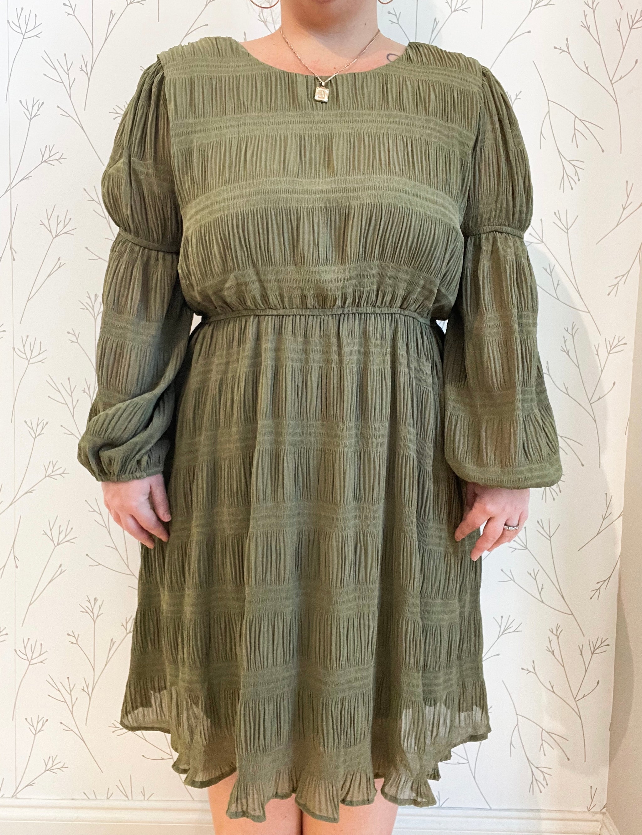 Pleated Peasant Sleeve Dress - Plus