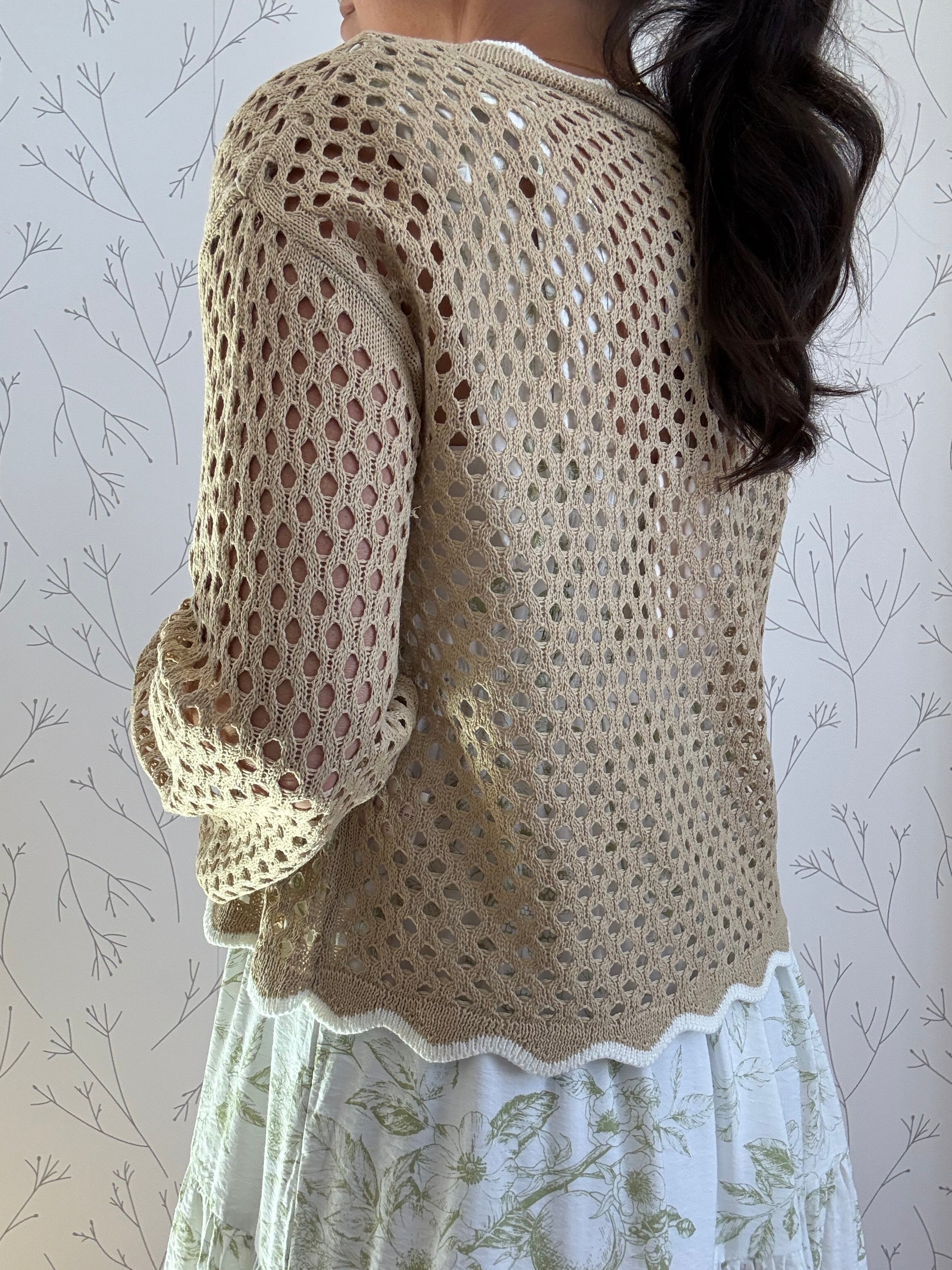 Open Knit Light Weight Scallop Edge Cardigan