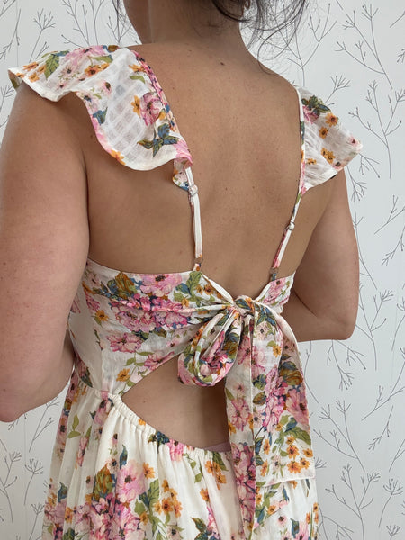 Floral Flutter Sleeve Open Back Midi