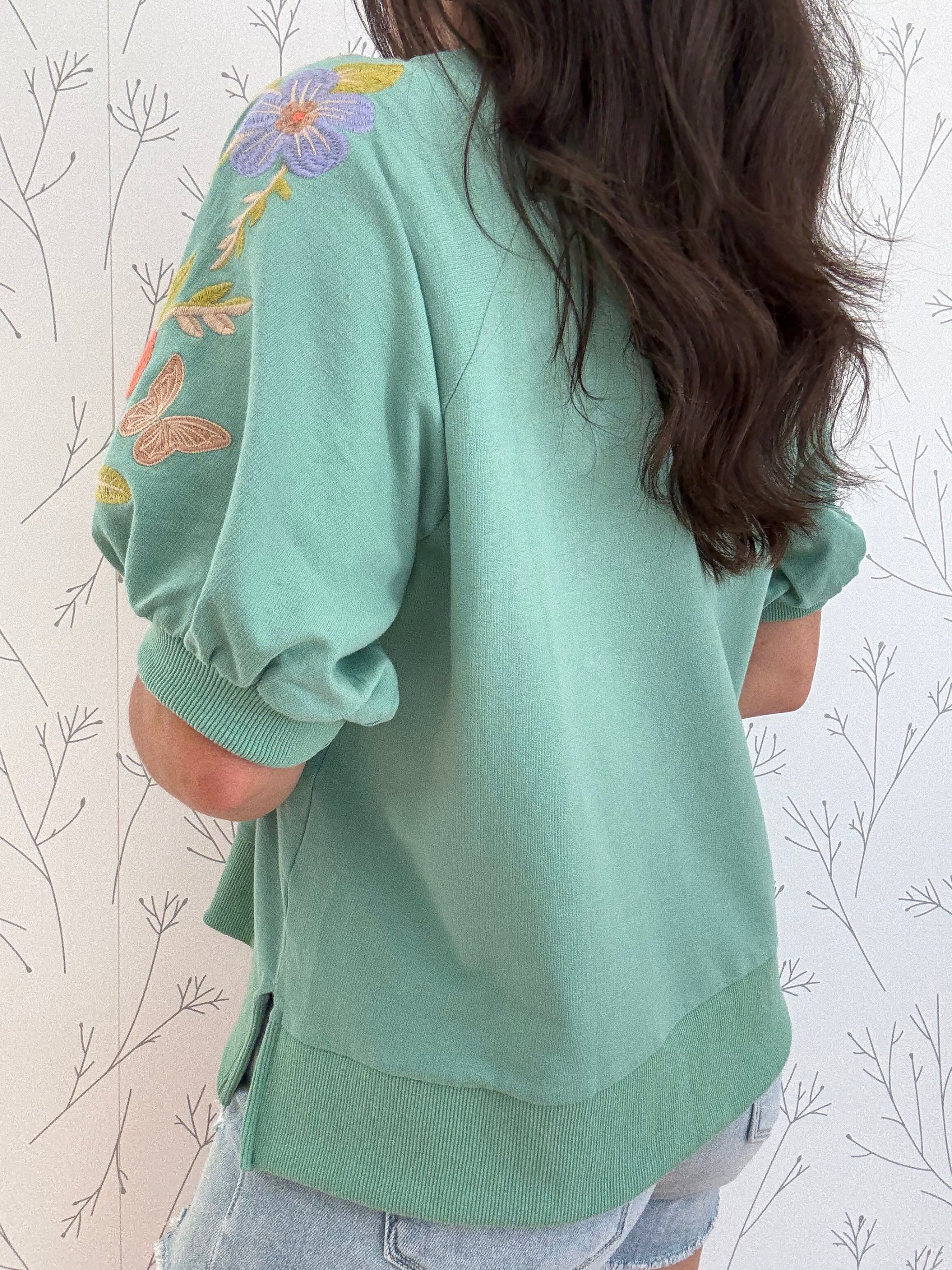 Embroidered Bubble Sleeve Top