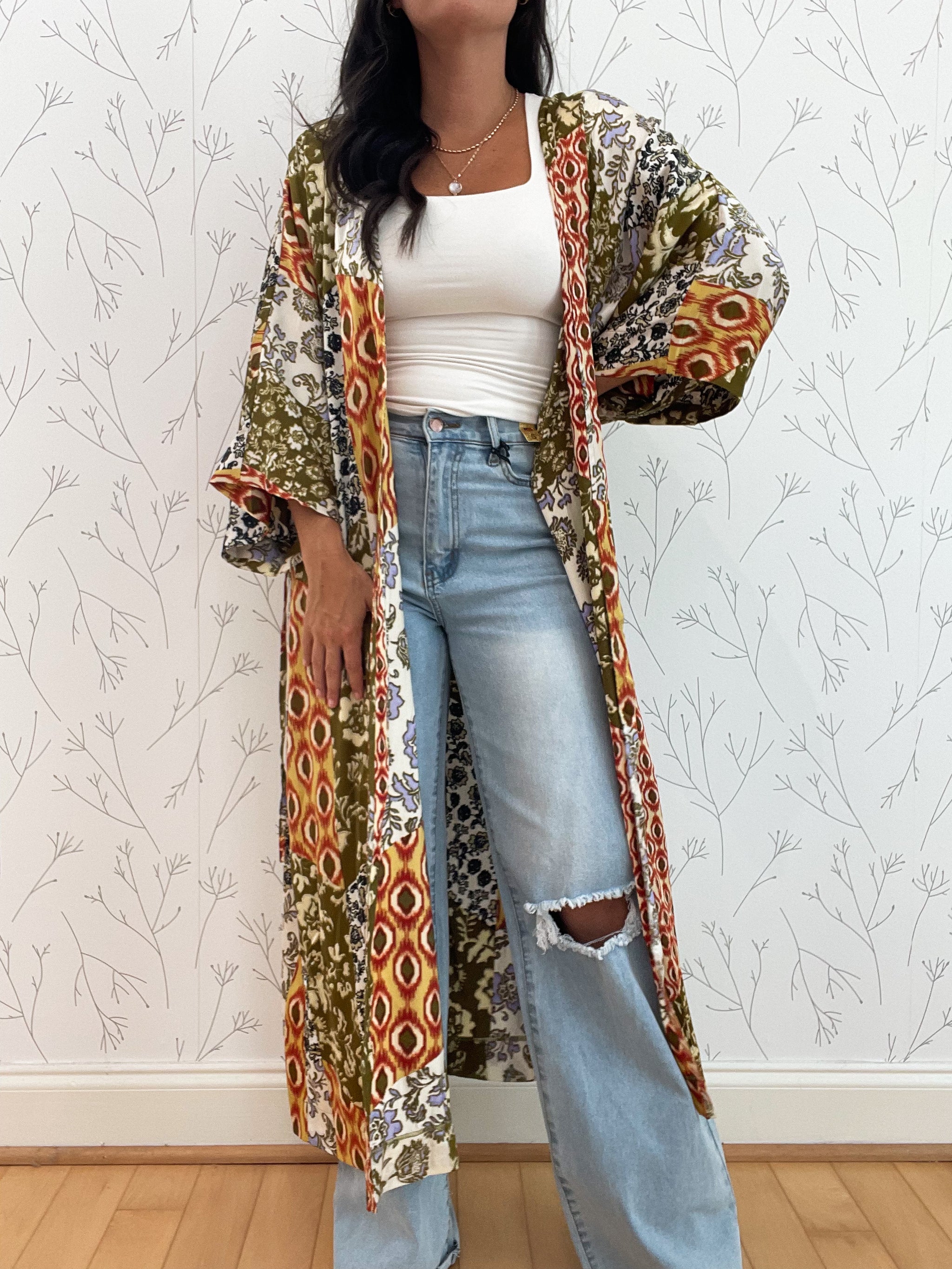 Vibrant Printed Waist Tie Kimono