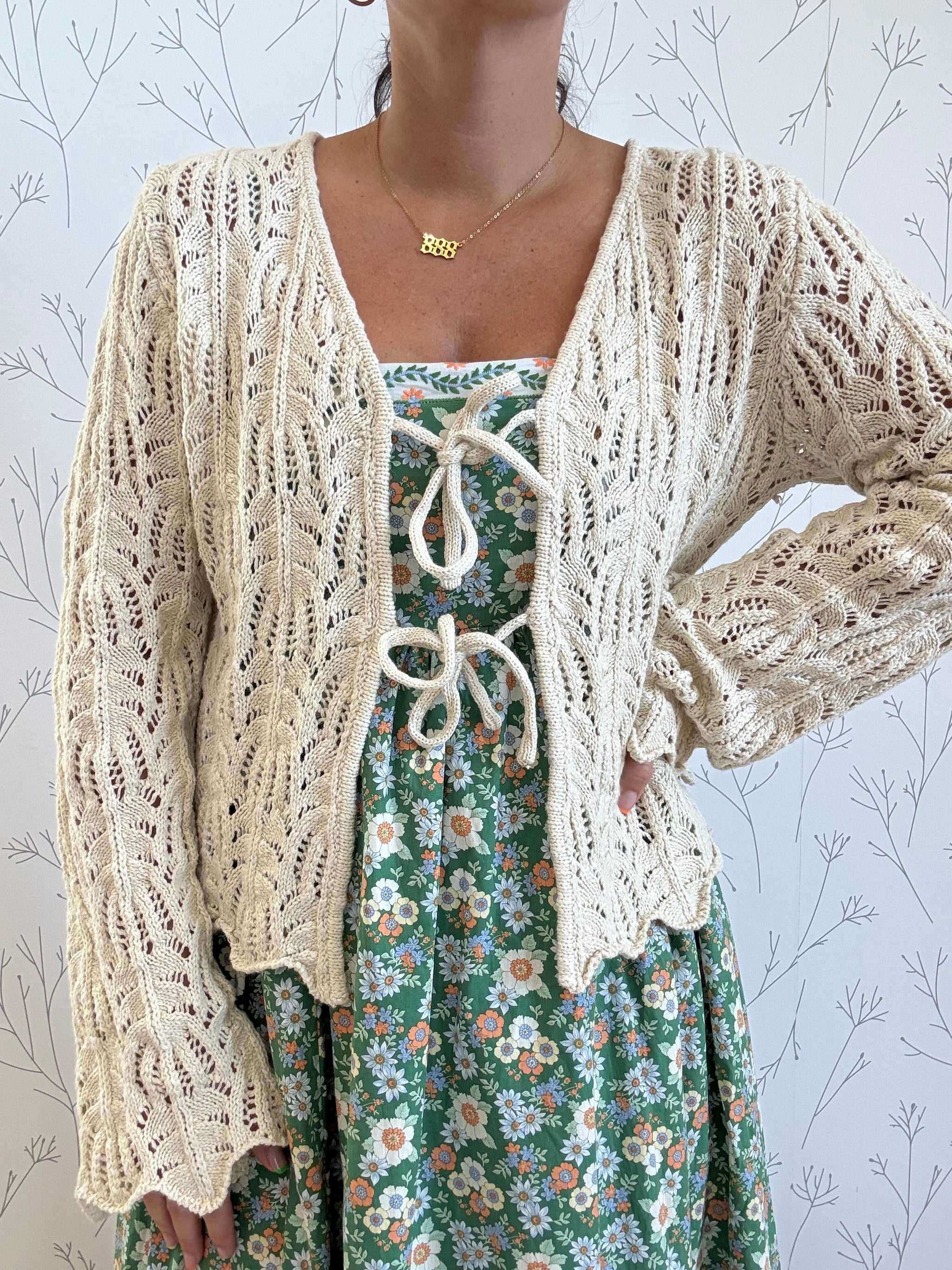 Front Tie Bell Sleeve Open Knit Cardigan