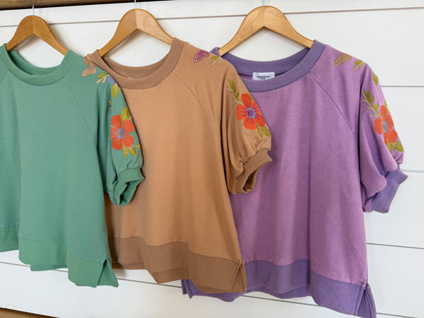 Embroidered Bubble Sleeve Top