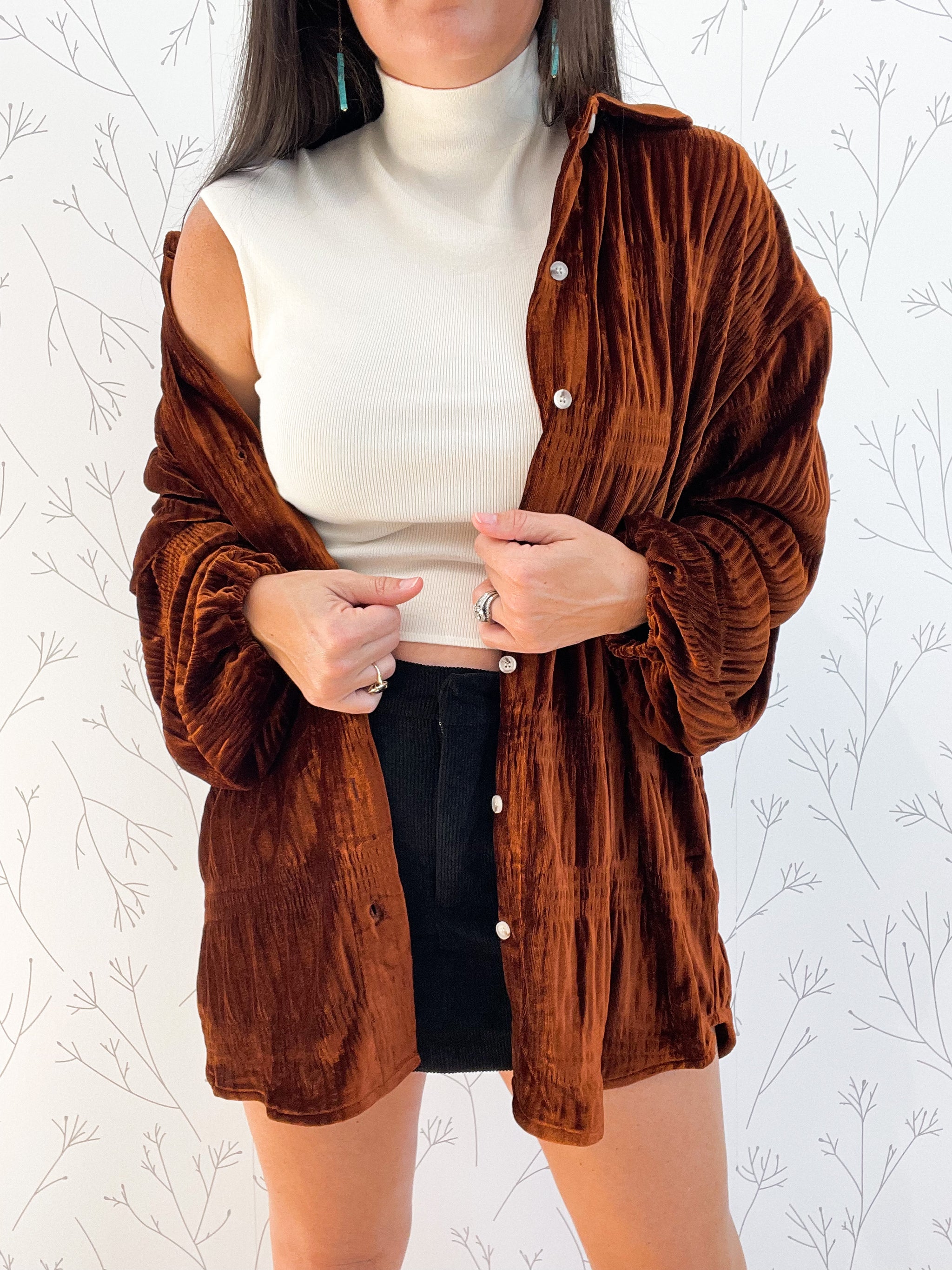 Tiered Velvet Button Down Top