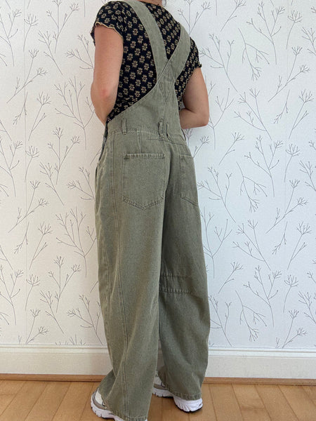 Olive Sprout Barrel Denim Overalls