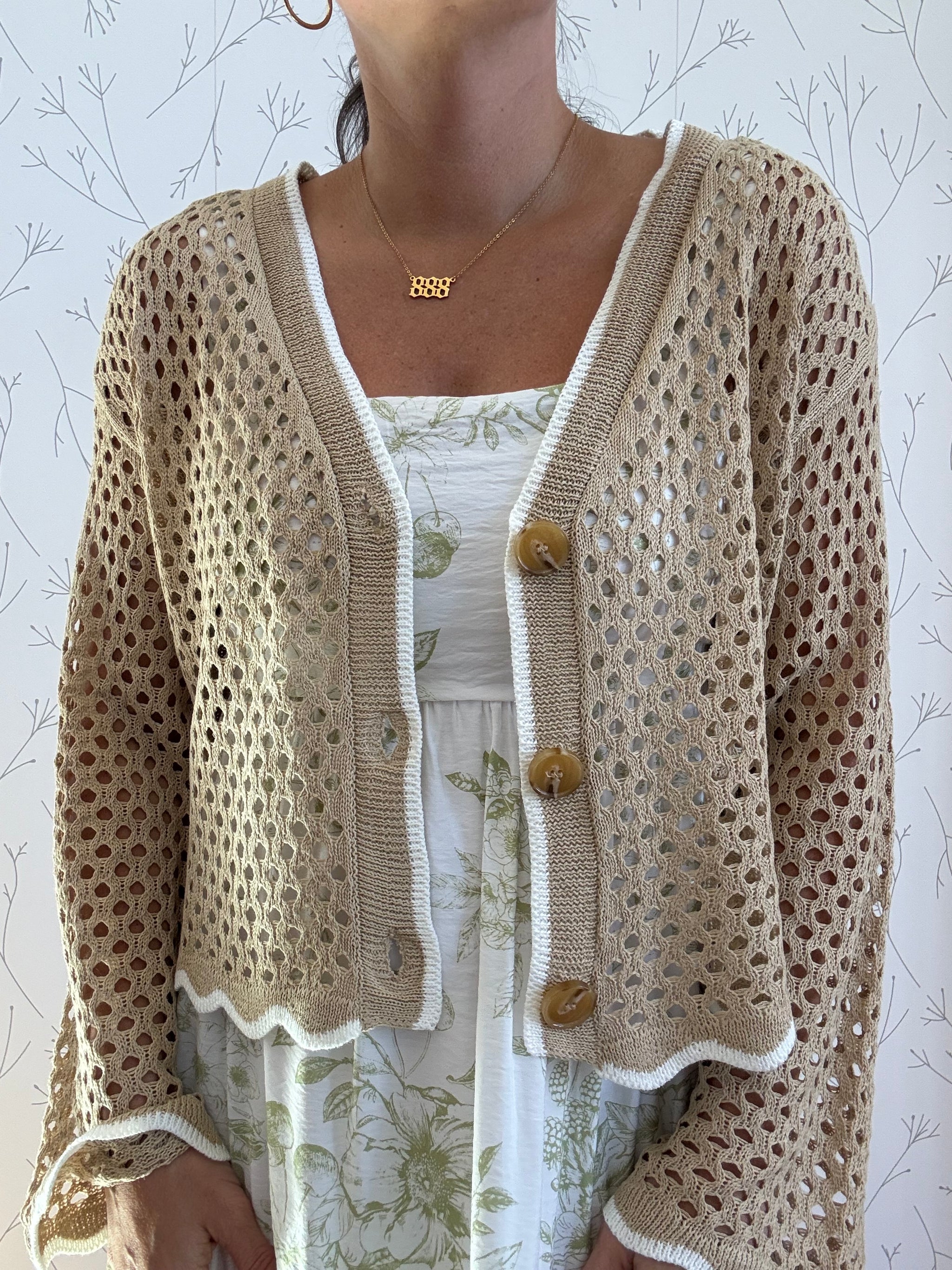 Open Knit Light Weight Scallop Edge Cardigan