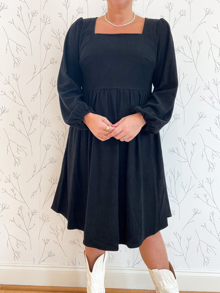Square Neck Balloon Sleeve Corduroy Dress