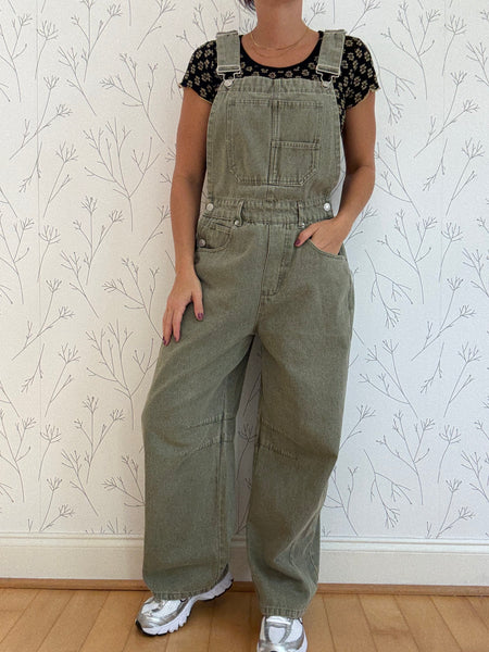 Olive Sprout Barrel Denim Overalls