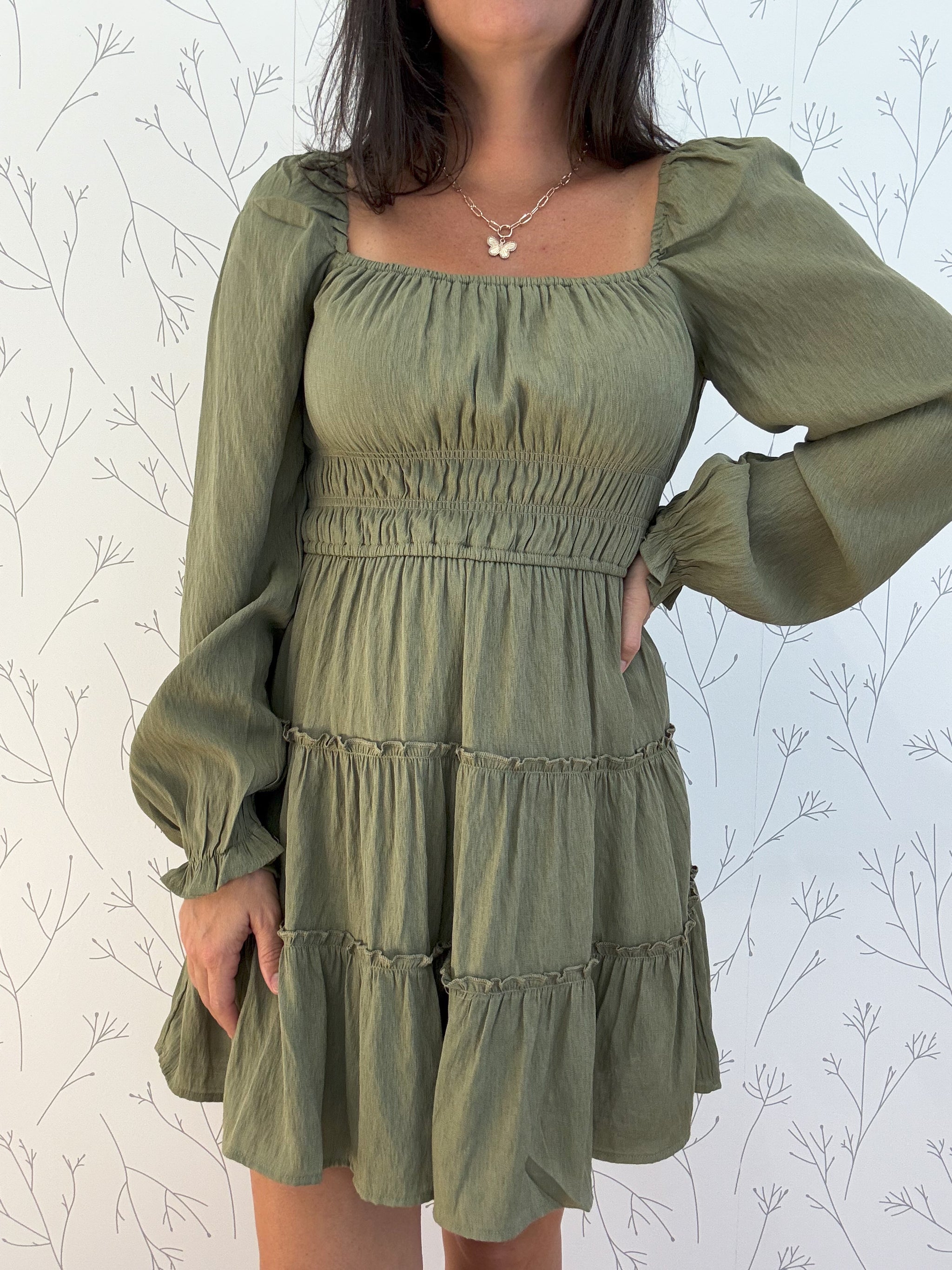 Square Neck Long Sleeve Mini Dress