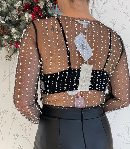 Pearl & Rhinestone Mesh Top
