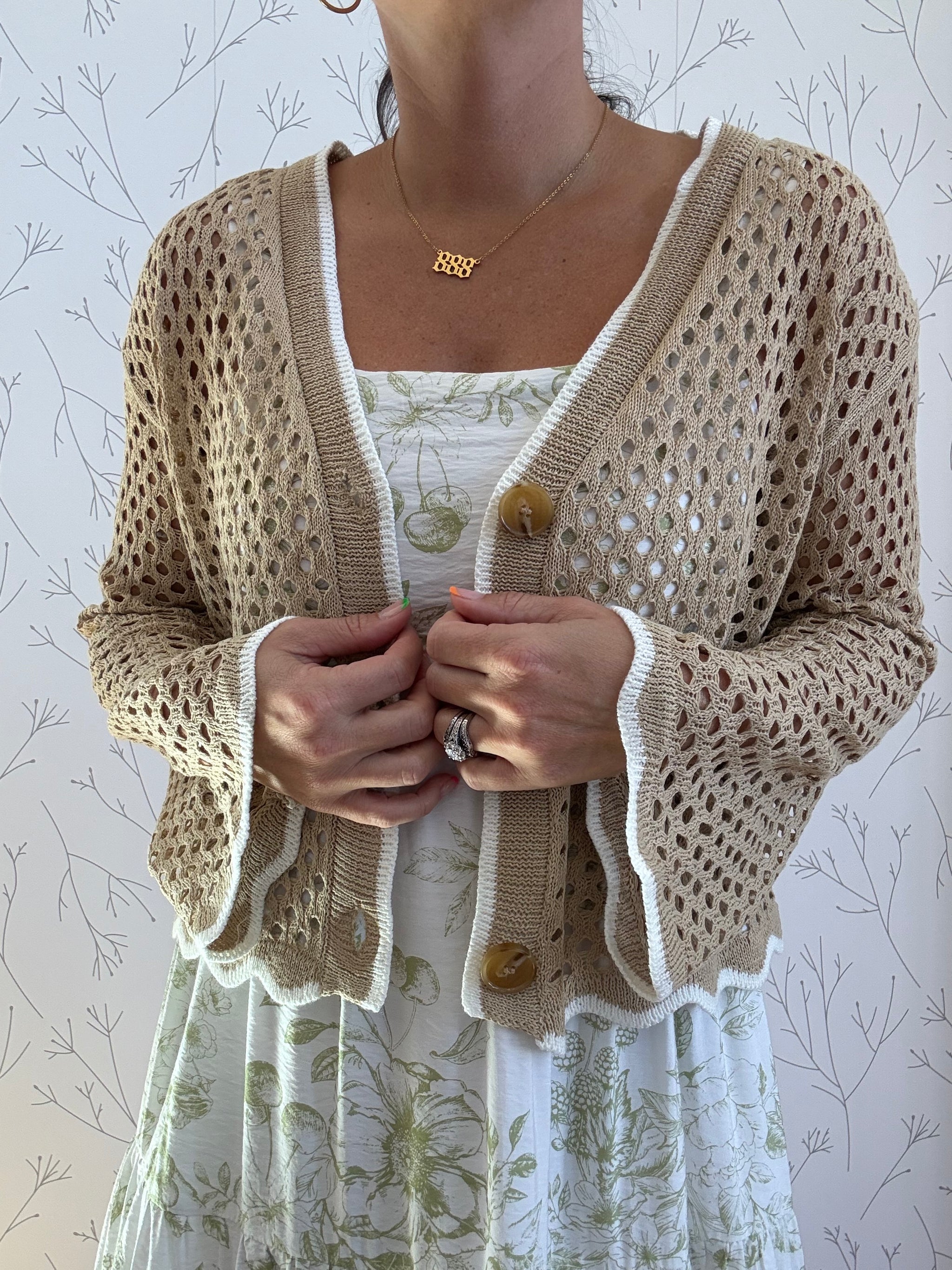 Open Knit Light Weight Scallop Edge Cardigan