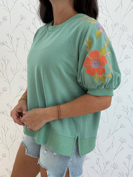 Embroidered Bubble Sleeve Top