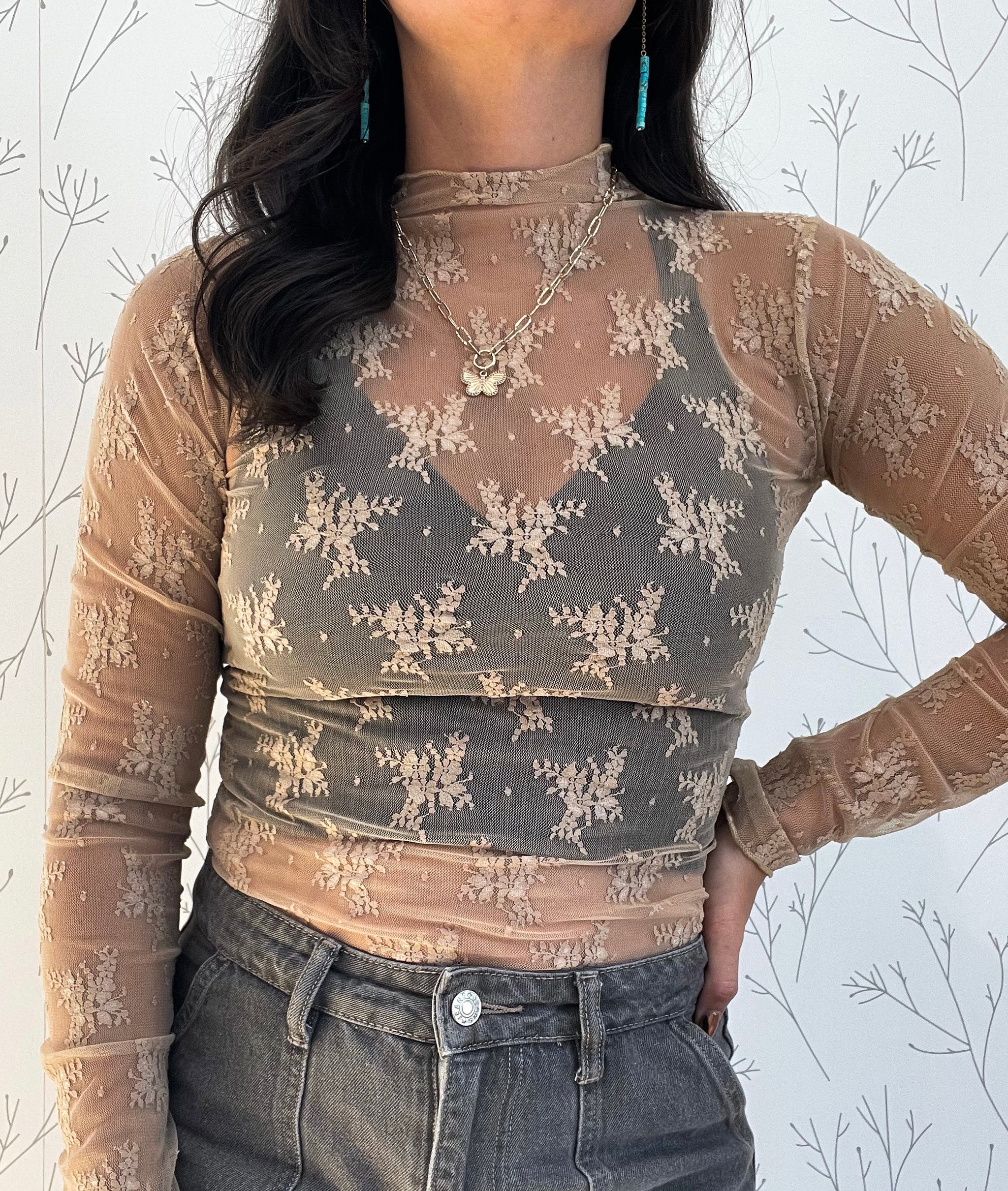 High Neck Mesh Lace Top