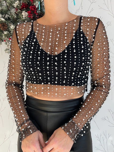 Pearl & Rhinestone Mesh Top
