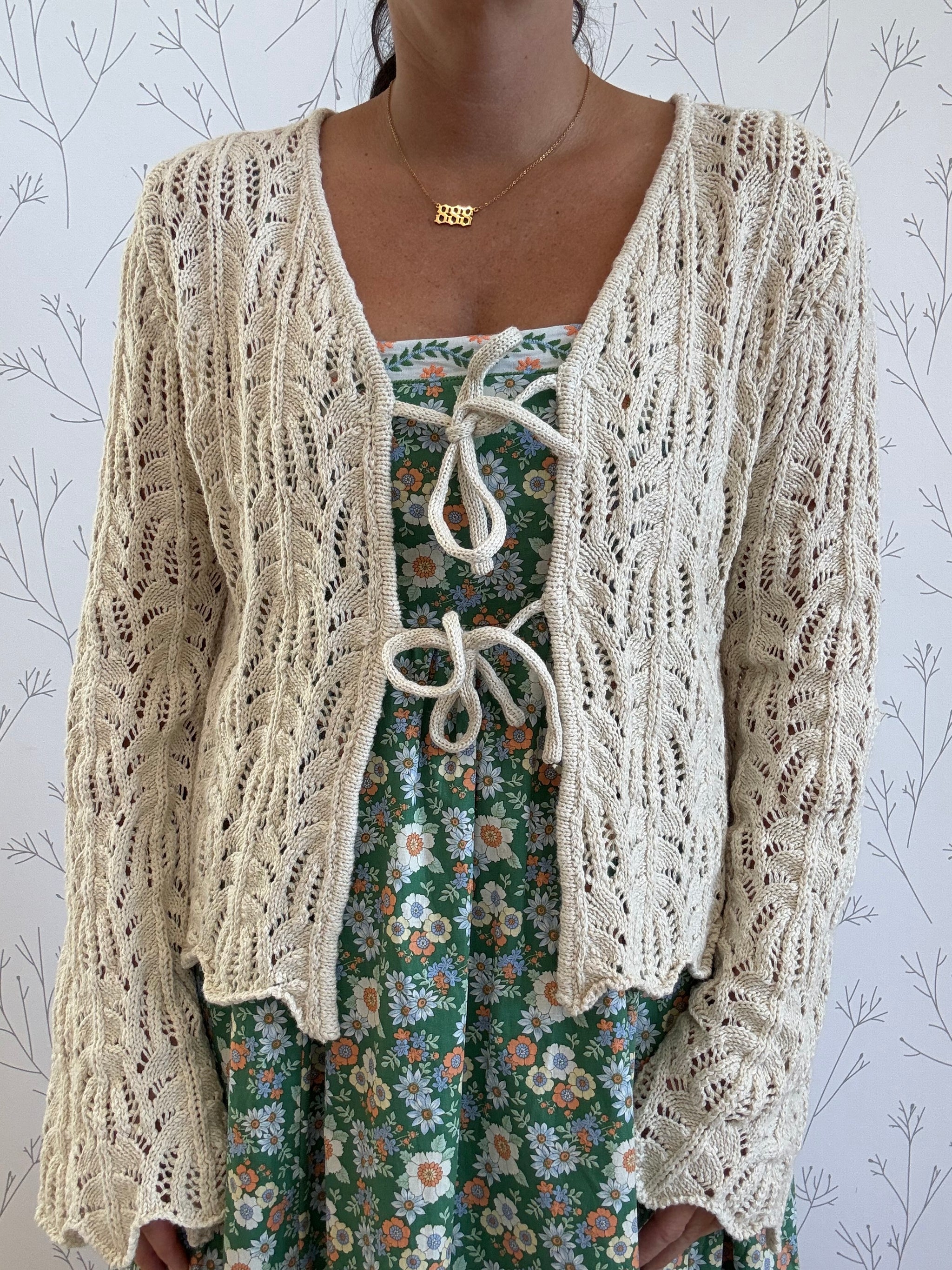 Front Tie Bell Sleeve Open Knit Cardigan