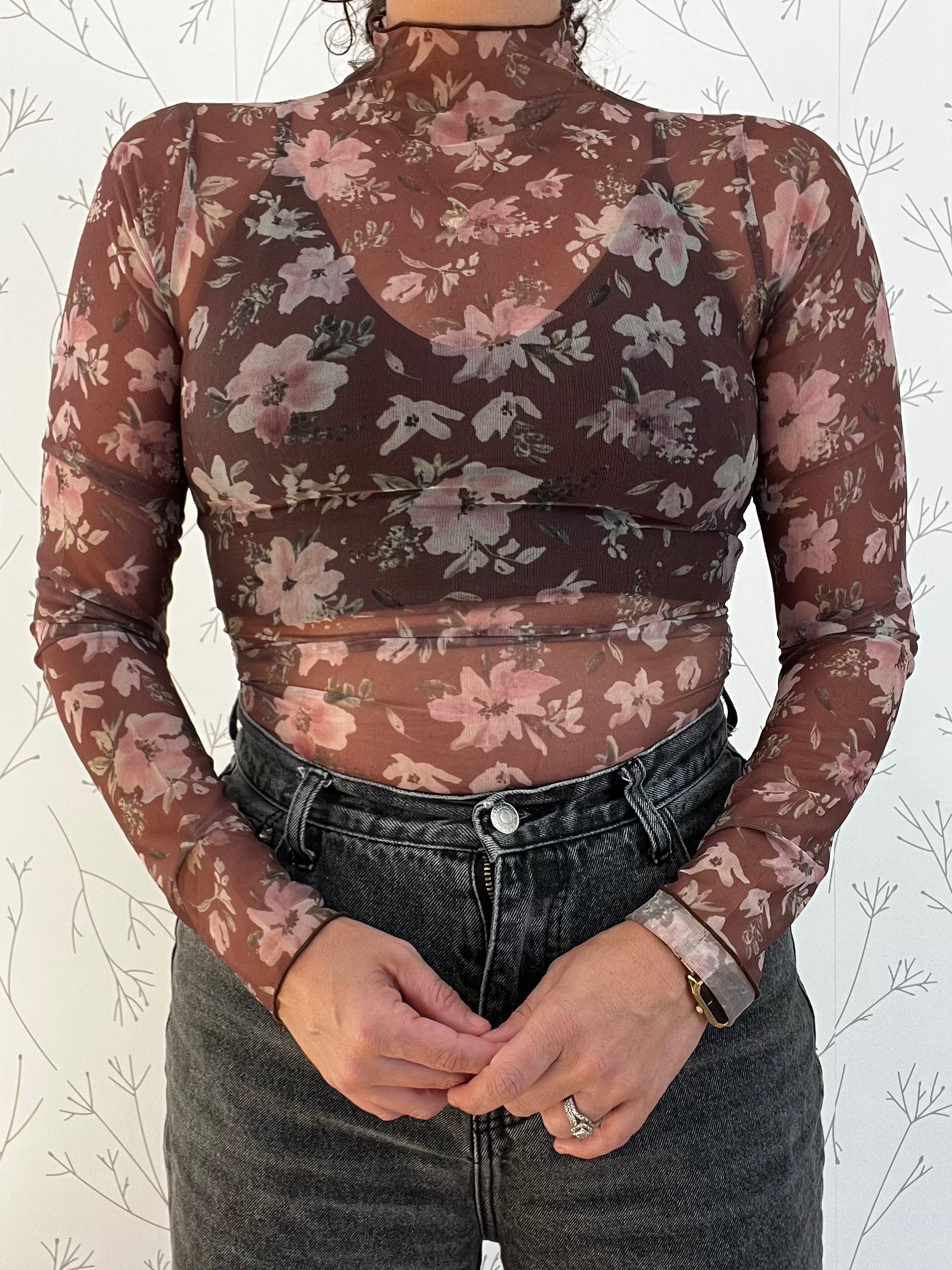 Floral Chocolate Mesh Top