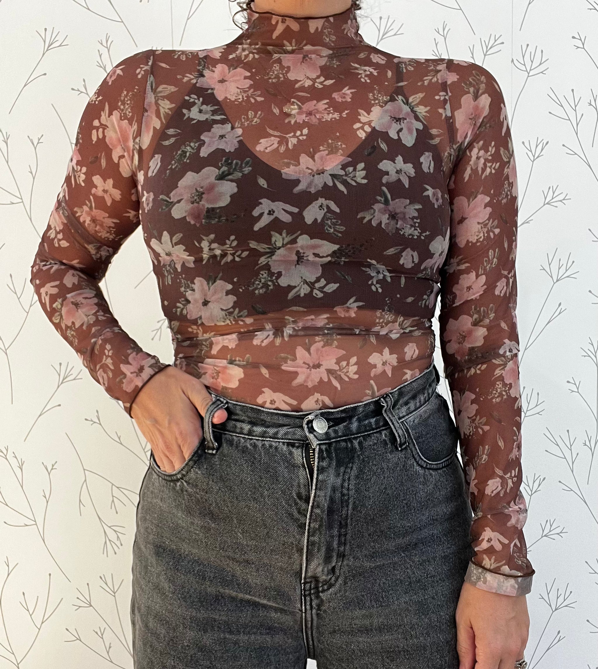 Floral Chocolate Mesh Top