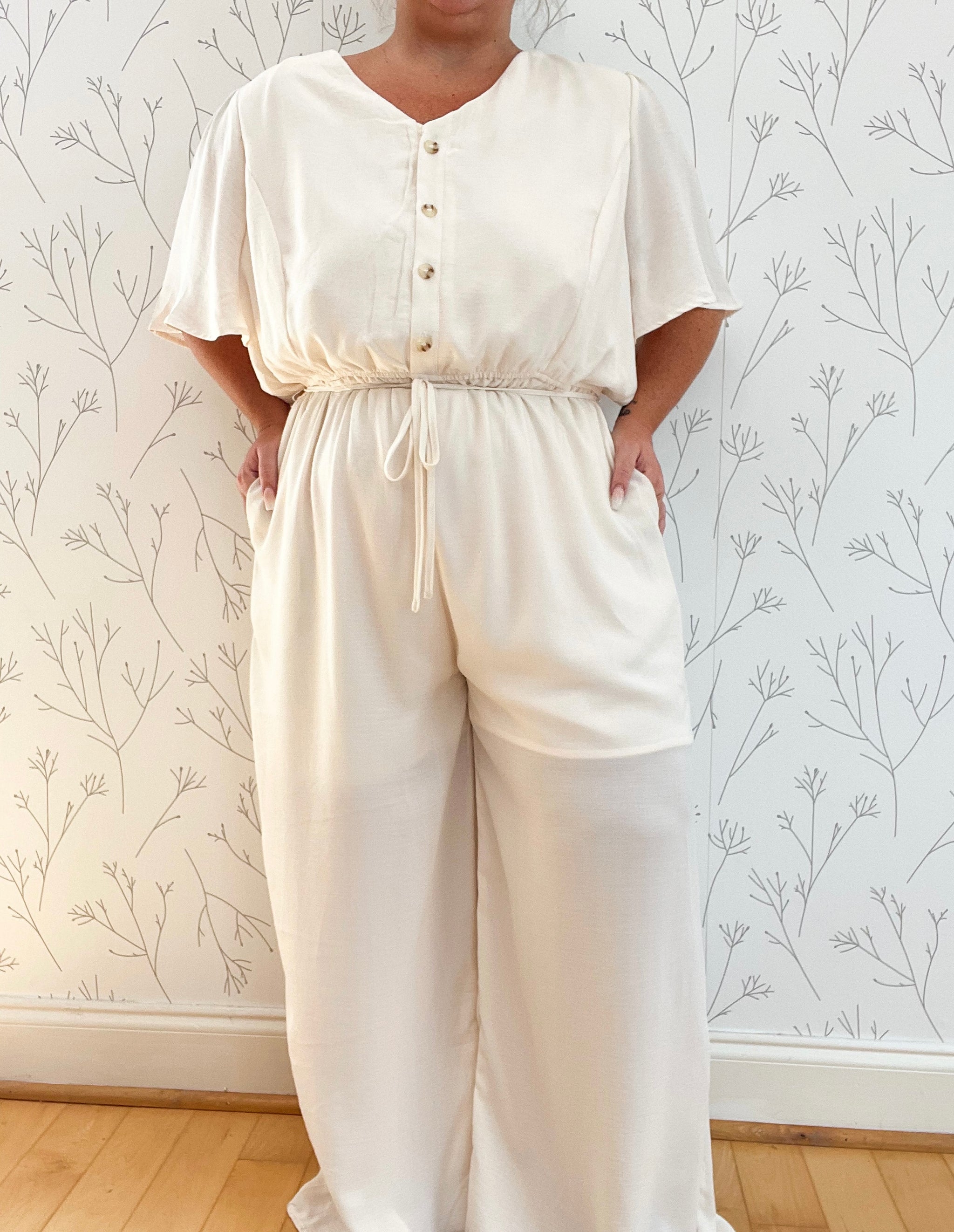 Button Up Wide Leg Tie Detail Jumpsuit - Plus