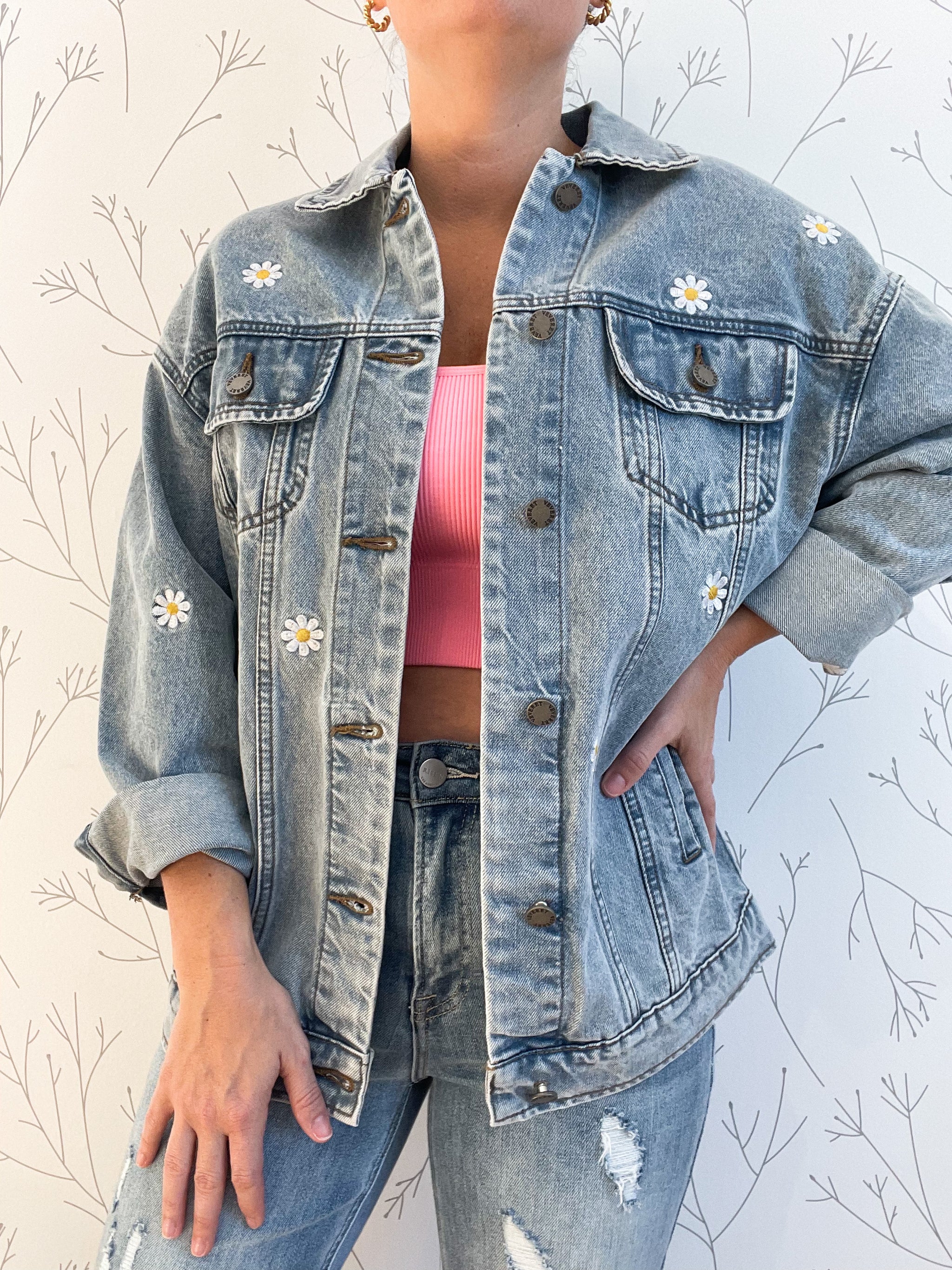 Relaxed Fit Floral Embroidered Denim Jacket