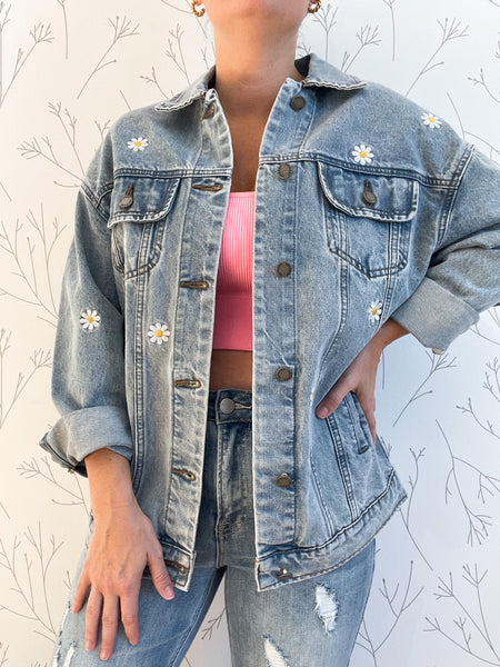 Relaxed Fit Floral Embroidered Denim Jacket