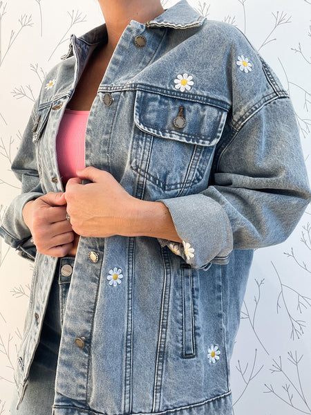 Relaxed Fit Floral Embroidered Denim Jacket