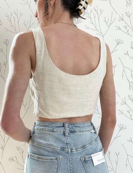 Woven Linen Gauze Scoop Neck Sleeveless Crop Top