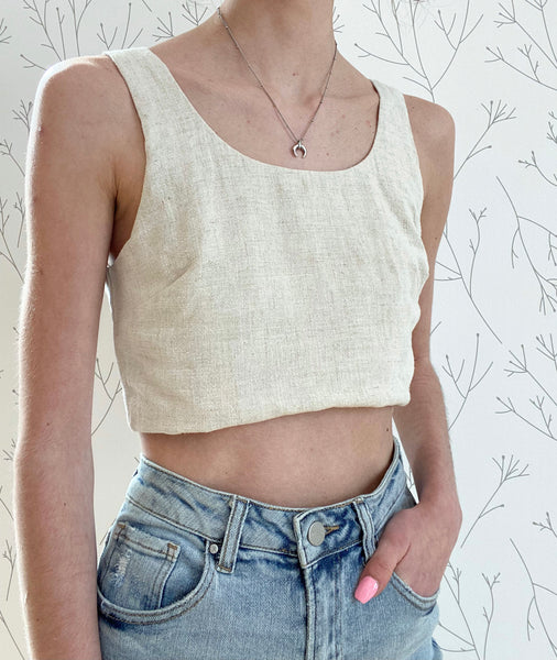 Woven Linen Gauze Scoop Neck Sleeveless Crop Top