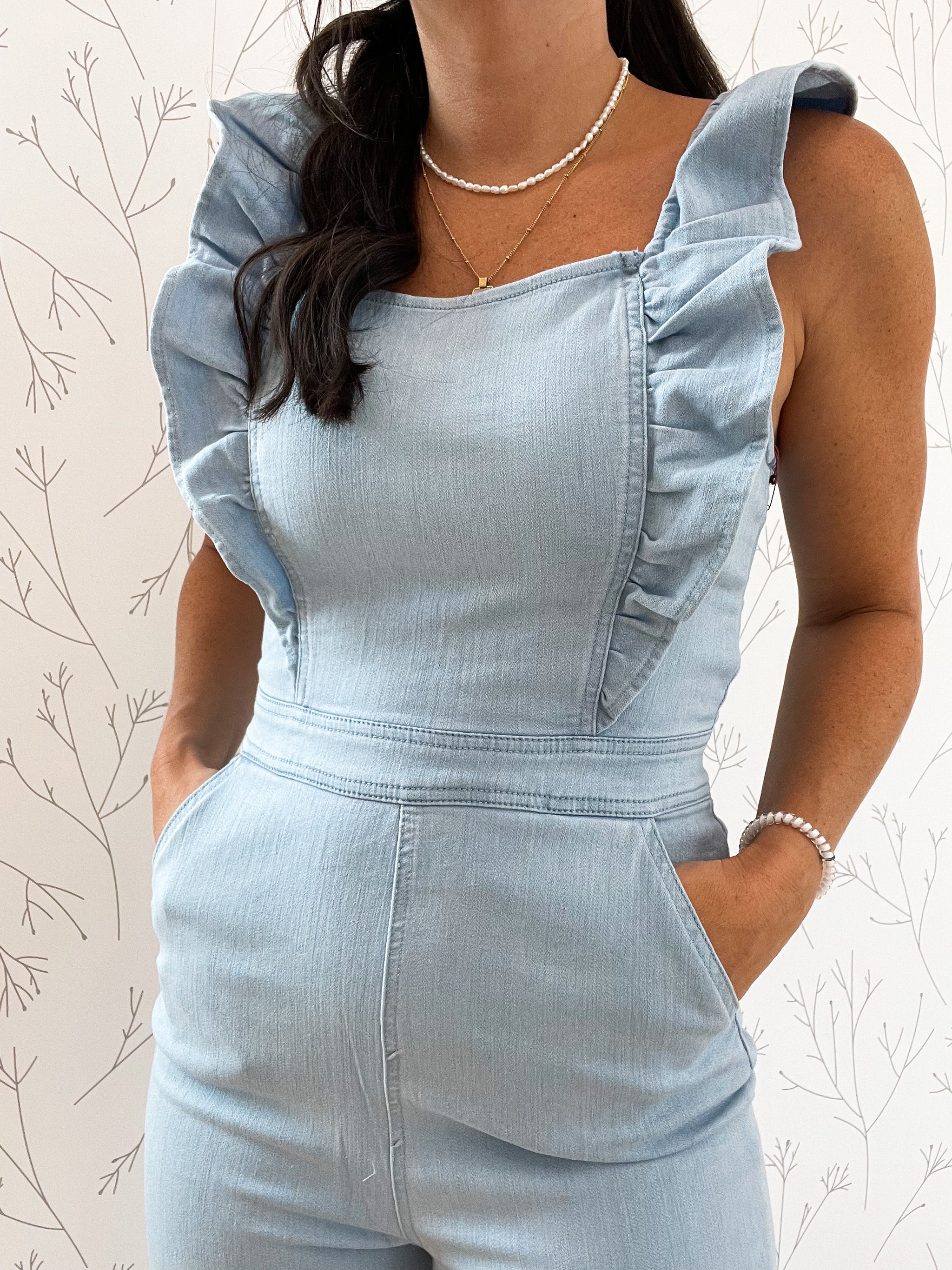 Ruffle Detail Lace Up Back Denim Jumpsuit