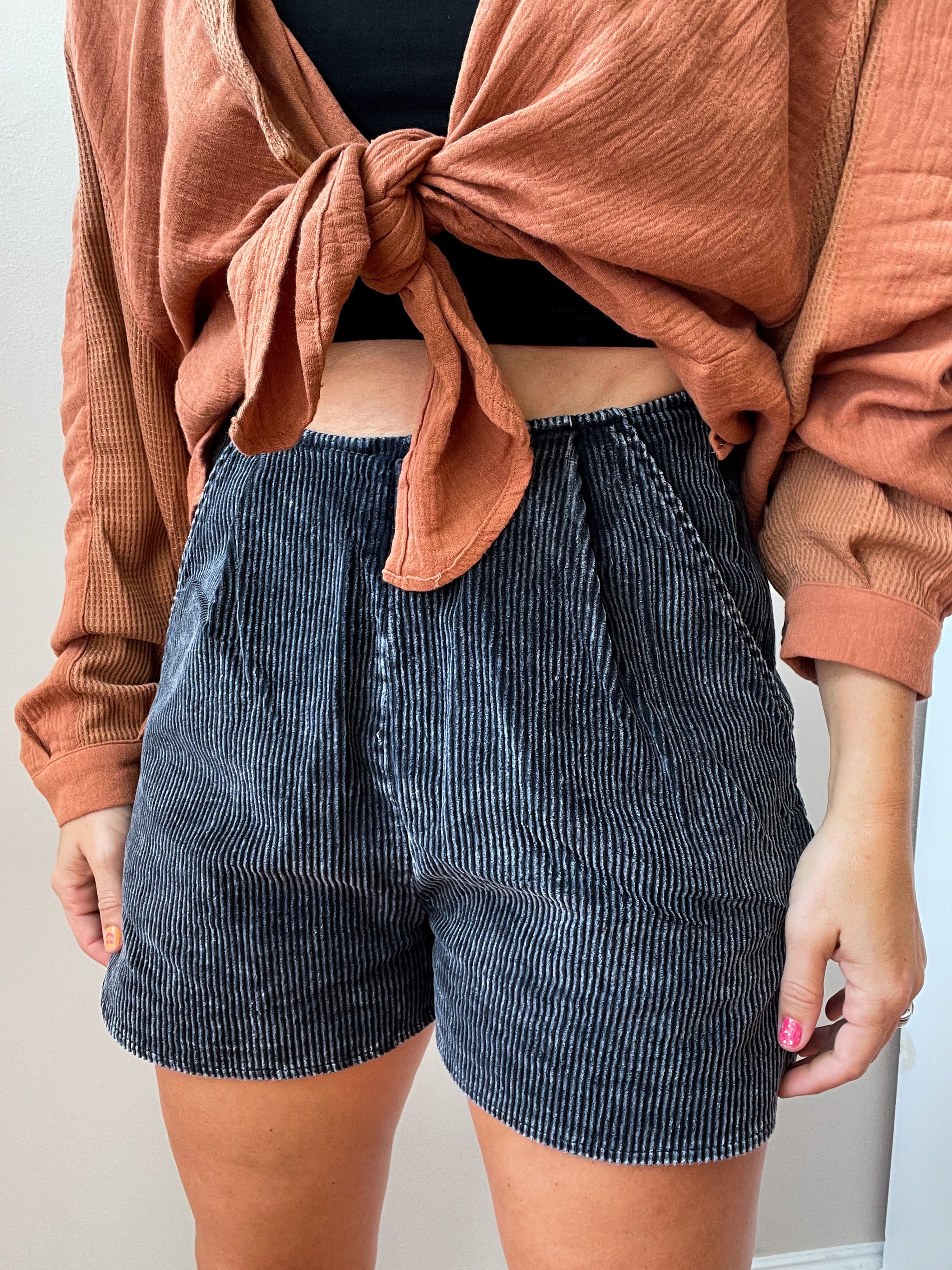 High Waist Pleated Detail Corduroy Shorts