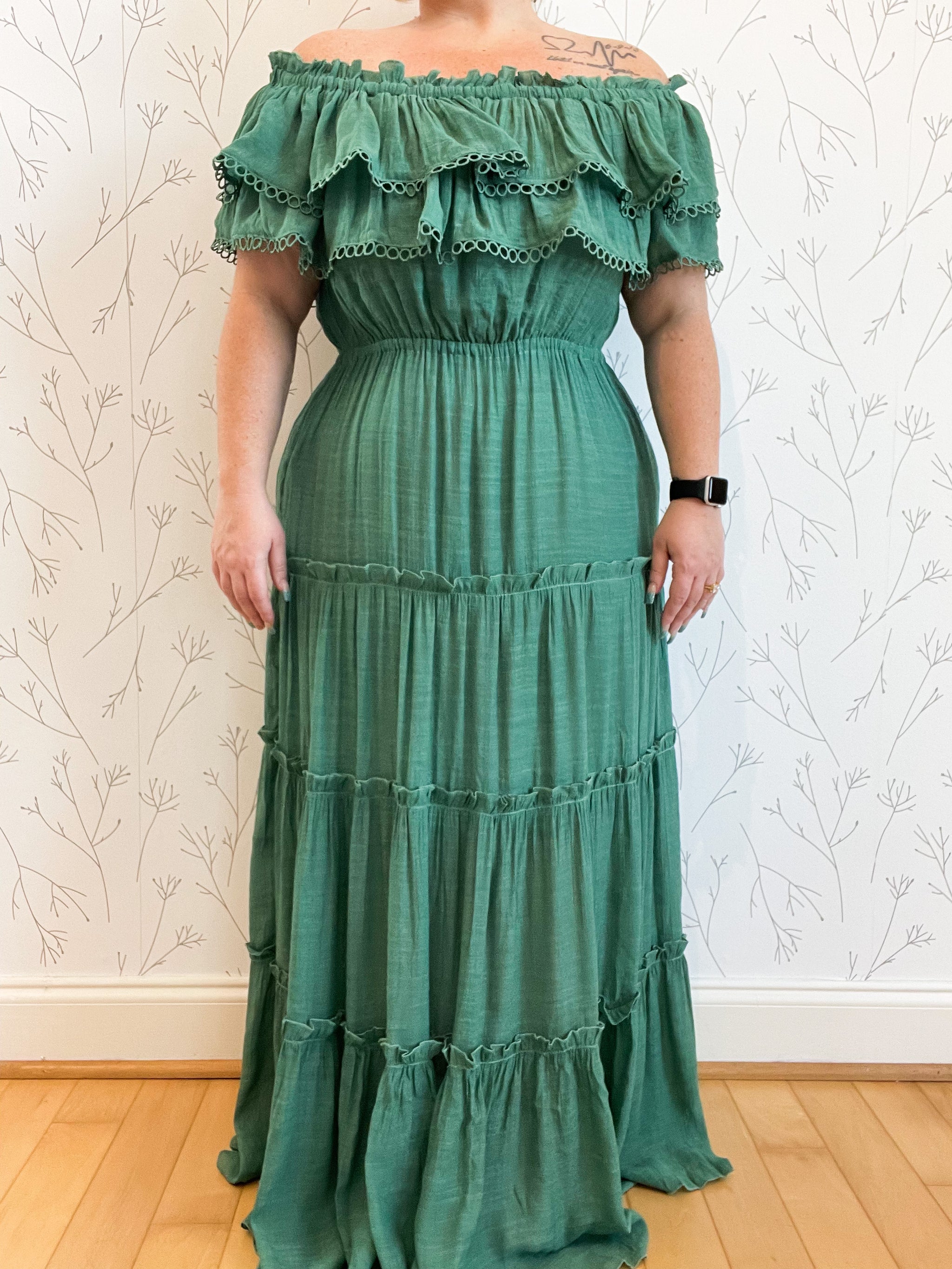 Olivia Off Shoulder Ruffle Maxi Dress - Plus 3 jems boutique Olivia Off Shoulder Ruffle Maxi Dress - Plus 3 jems boutique