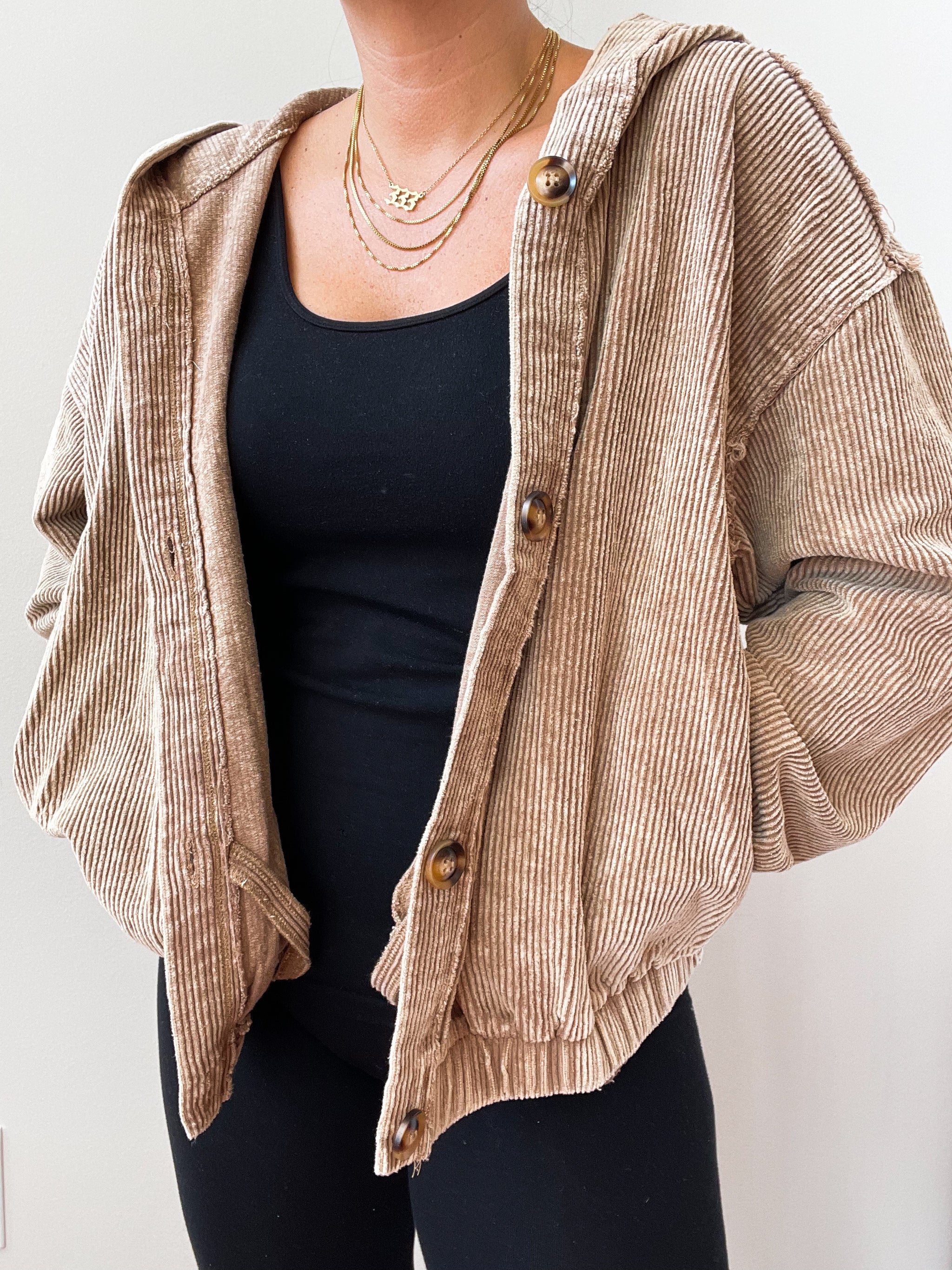 Corduroy Hooded Button-Up Jacket
