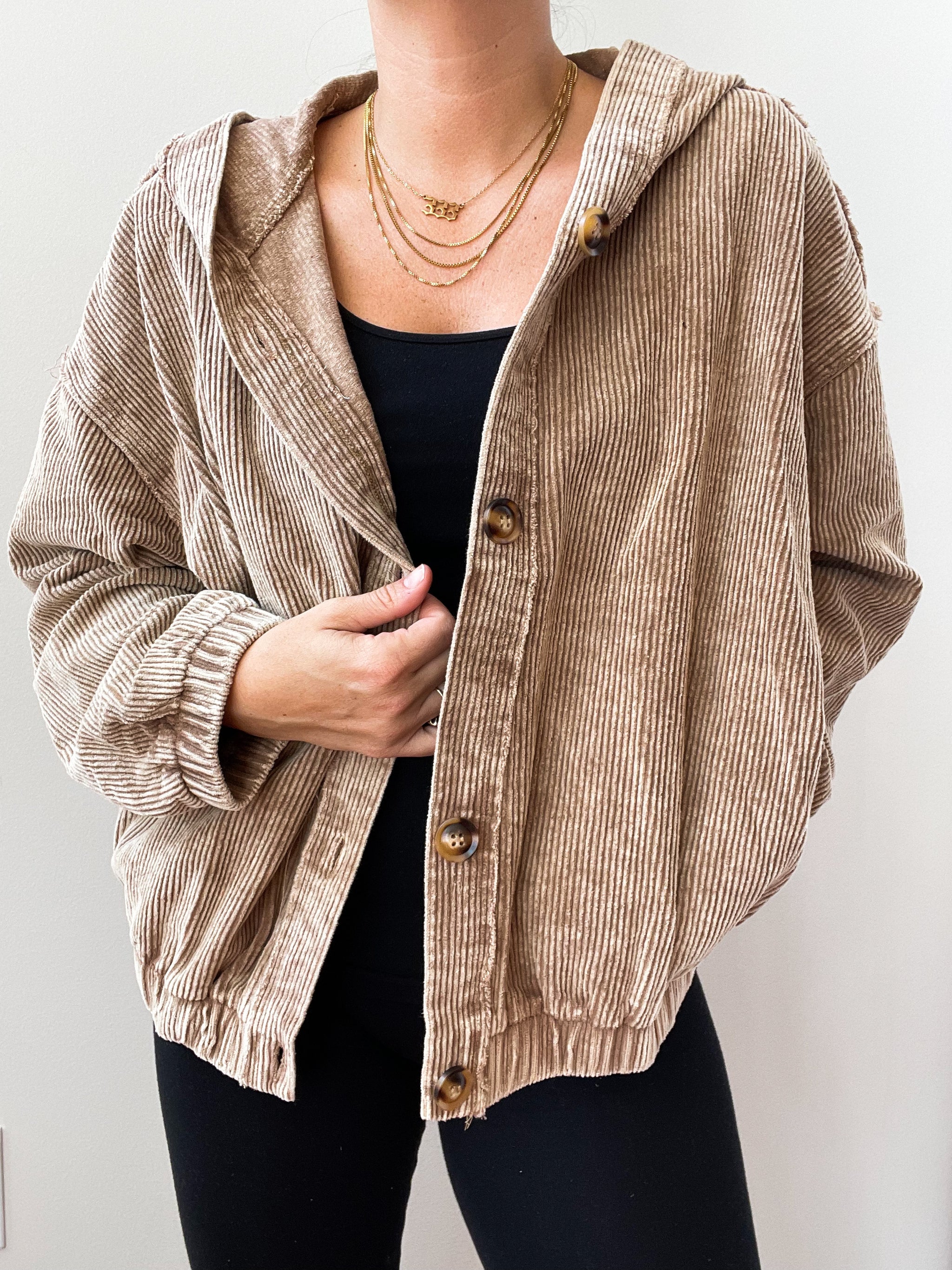 Corduroy Hooded Button-Up Jacket
