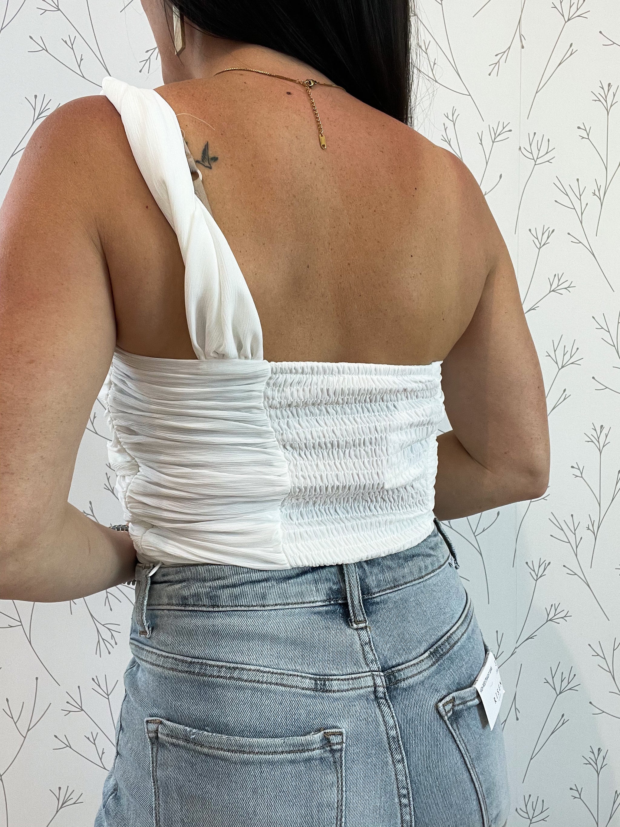 Ruched Bodice Twist Strap Smocked Top